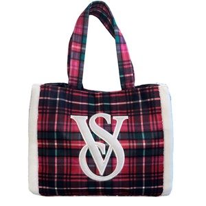 Victoria’s‎ Secret Sherpa Flannel Plaid Red White Black Large Tote Bag